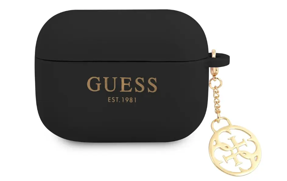 A black GUESS branded case for wireless earbuds.